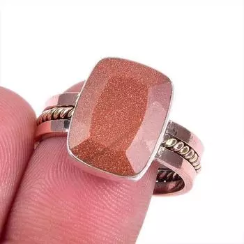 Natural Sunstone Gemstone Two Tone 925 Sterling Silver Jewelry Ring Size 10 q1B26