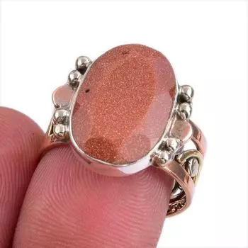 Natural Sunstone Gemstone Two Tone 925 Sterling Silver Jewelry Ring S.7.5 q4b90