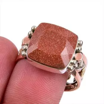 Natural Sunstone Gemstone Two Tone 925 Sterling Silver Jewelry Ring S.9.5 r6S99