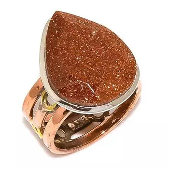 Natural Sunstone Gemstone Two Tone 925 Sterling Silver Jewelry Ring S.7.5 f0s98