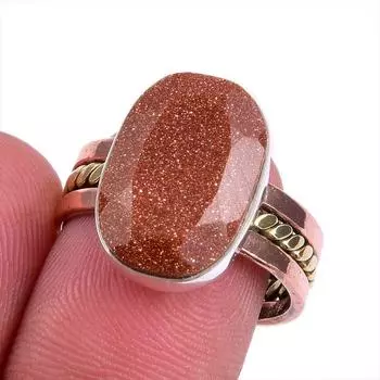 Natural Sunstone Gemstone Two Tone 925 Sterling Silver Jewelry Ring S.7.5 S9H94