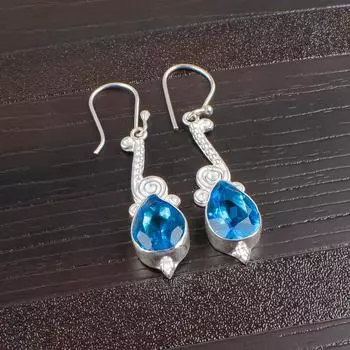 Natural Swiss Blue Topaz Gemstone 925 Sterling Silver Handmade Jewelry Earrings EE-37-8
