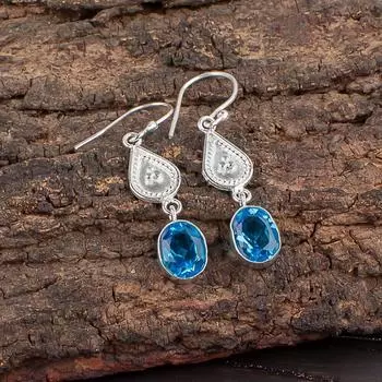 Natural Swiss Blue Topaz Gemstone 925 Sterling Silver Artisan Jewelry Earrings EE-8-8