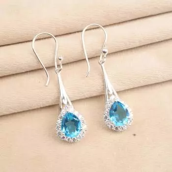 Natural Swiss Blue Topaz Gemstone 925 Sterling Silver Zircon Hook Earrings 1.86 CZE-7-9
