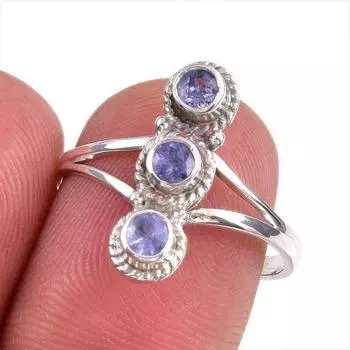 Natural Tanzanite Gemstone 925 Solid Sterling Silver Jewelry Ring Size 7 q0K32