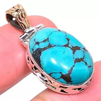 Natural Tibetan Turquoise 925 Solid Sterling Silver Tow Tone Pendant 1.26 t2E45