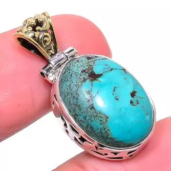 Natural Tibetan Turquoise 925 Solid Sterling Silver Tow Tone Pendant 1.26 t6m84