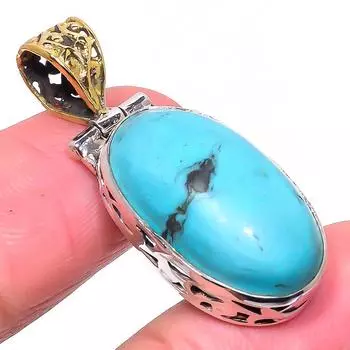 Natural Tibetan Turquoise 925 Solid Sterling Silver Tow Tone Pendant 1.46 v4m12