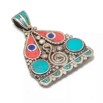 Подвеска из натурального тибетского бирюзового, кораллового серебра 925 пробы 2,17 дюйма W4w81