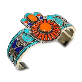 Natural Tibetan Turquoise, Coral Gemstone Handmade Cuff Bangle Adjustable I5v15