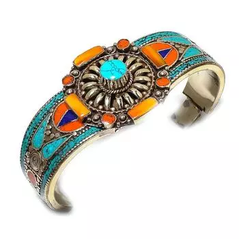 Natural Tibetan Turquoise, Coral Gemstone Handmade Cuff Bangle Adjustable R2s68