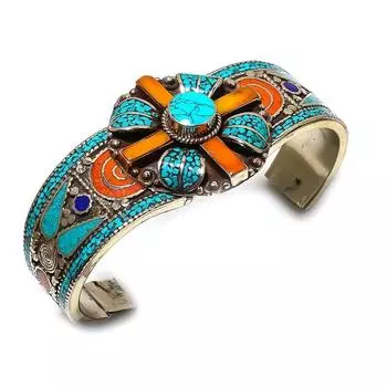 Natural Tibetan Turquoise, Coral Gemstone Handmade Cuff Bangle Adjustable I0F73