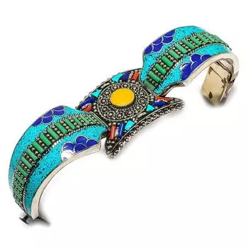 Natural Tibetan Turquoise, Coral Gemstone Handmade Cuff Bangle Adjustable A7w26