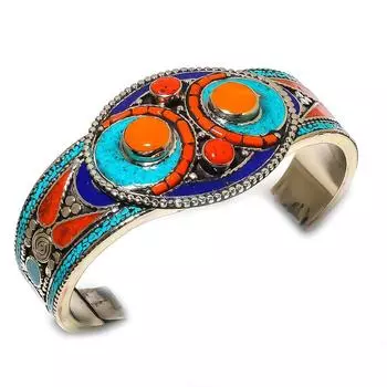 Natural Tibetan Turquoise, Coral Gemstone Handmade Cuff Bangle Adjustable H8p91