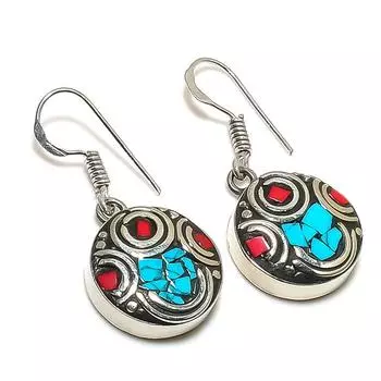 Natural Tibetan Turquoise, Coral Gemstone Handmade Jewelry Earring 1.34 M3A18