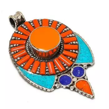 Natural Tibetan Turquoise, Coral Gemstone Handmade Jewelry Pendant 2.88 d7O05