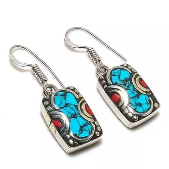 Natural Tibetan Turquoise, Coral Gemstone Handmade Jewelry Earring 1.38 w1o40
