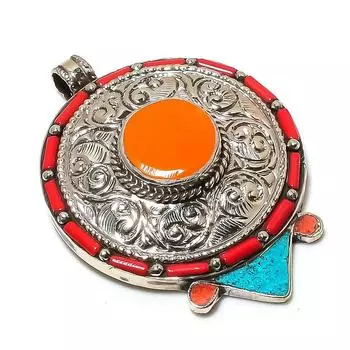 Natural Tibetan Turquoise, Coral Gemstone Handmade Jewelry Pendant 2.84 W4Y31