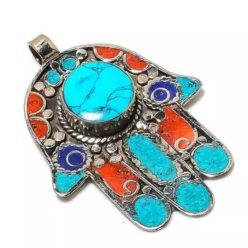 Natural Tibetan Turquoise, Coral Gemstone Handmade Jewelry Pendant 2.96 h1O38