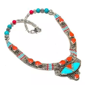 Natural Tibetan Turquoise, Coral Gemstone Handmade Jewelry Necklace 18 S9I33