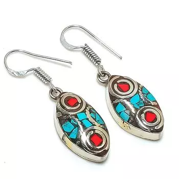 Natural Tibetan Turquoise, Coral Gemstone Handmade Jewelry Earring 1.58 W7L73