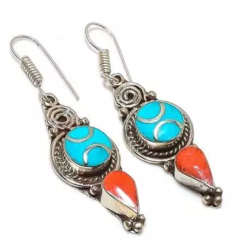 Natural Tibetan Turquoise, Coral Gemstone Handmade Jewelry Earring 2.36 L3F29