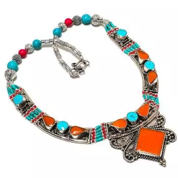 Natural Tibetan Turquoise, Coral Gemstone Handmade Jewelry Necklace 18 r1V01