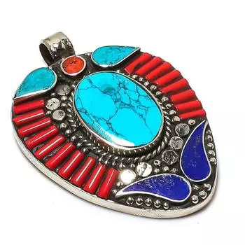 Natural Tibetan Turquoise, Coral Gemstone Handmade Jewelry Pendant 2.64 O0U39