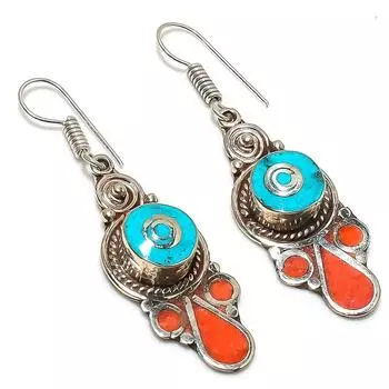 Natural Tibetan Turquoise, Coral Gemstone Handmade Jewelry Earring 2.40 G2n18