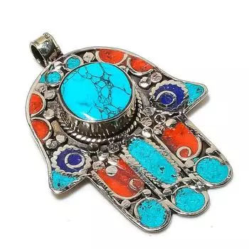 Natural Tibetan Turquoise, Coral Gemstone Handmade Jewelry Pendant 2.88 g7R42