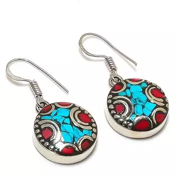 Natural Tibetan Turquoise, Coral Gemstone Handmade Jewelry Earring 1.38 h8v26