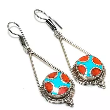 Natural Tibetan Turquoise, Coral Gemstone Handmade Jewelry Earring 2.44 z2l32