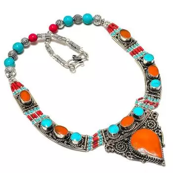 Natural Tibetan Turquoise, Coral Gemstone Handmade Jewelry Necklace 18 L4F78