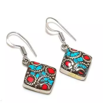 Natural Tibetan Turquoise, Coral Gemstone Handmade Jewelry Earring 1.34 I1z75