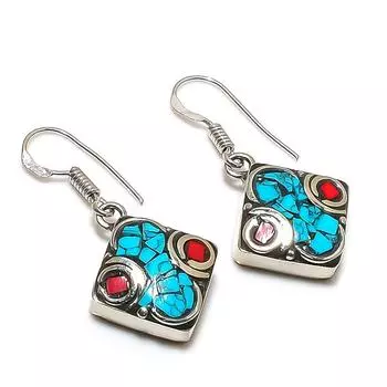 Natural Tibetan Turquoise, Coral Gemstone Handmade Jewelry Earring 1.42 z6f43