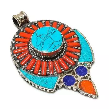 Natural Tibetan Turquoise, Coral Gemstone Handmade Jewelry Pendant 2.96 T5C40