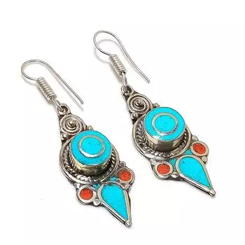 Natural Tibetan Turquoise, Coral Gemstone Handmade Jewelry Earring 2.40 h2i53