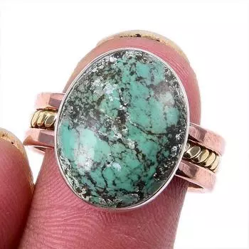 Natural Tibetan Turquoise Gemstone 925 Solid Silver Two Tone Ring Size 9US H7W00