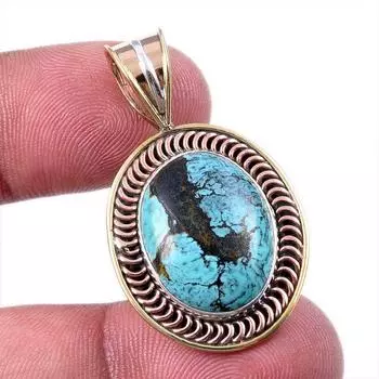 Natural Tibetan Turquoise Gemstone 925 Solid Silver Two Tone Pendant 1.50 K3f62