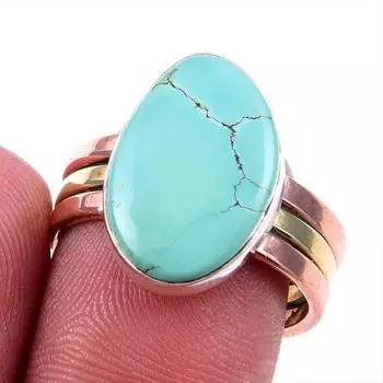 Natural Tibetan Turquoise Gemstone 925 Solid Silver Two Tone Ring S.8.5US e3O09