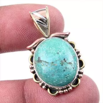 Natural Tibetan Turquoise Gemstone 925 Solid Silver Two Tone Pendant 1.25 H9v23