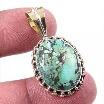 Natural Tibetan Turquoise Gemstone 925 Solid Silver Two Tone Pendant 1.50 f9q42