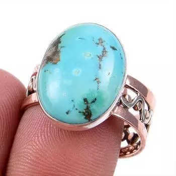 Natural Tibetan Turquoise Gemstone 925 Solid Silver Two Tone Ring S.9.5US H0Y48
