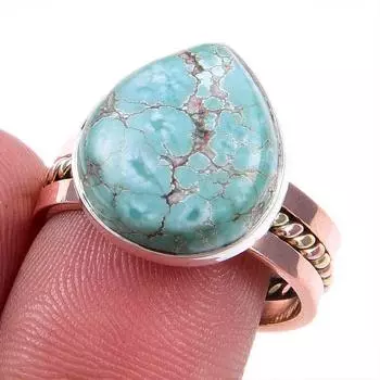Natural Tibetan Turquoise Gemstone 925 Solid Silver Two Tone Ring Size 9US F4I95