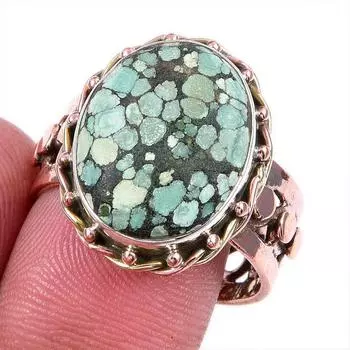 Natural Tibetan Turquoise Gemstone 925 Solid Silver Two Tone Ring Size 10US h6N80