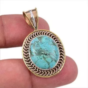 Natural Tibetan Turquoise Gemstone 925 Solid Silver Two Tone Pendant 1.50 U7V93