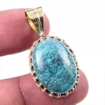 Natural Tibetan Turquoise Gemstone 925 Solid Silver Two Tone Pendant 1.25 A1w77