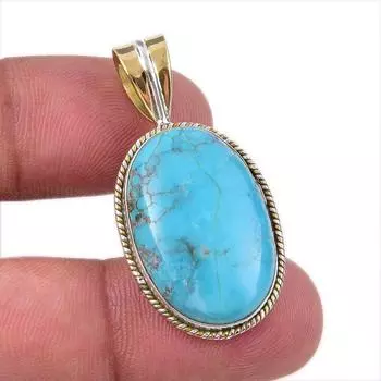 Natural Tibetan Turquoise Gemstone 925 Solid Silver Two Tone Pendant 1.50 h9C33