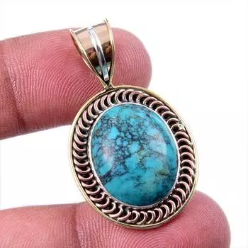 Natural Tibetan Turquoise Gemstone 925 Solid Silver Two Tone Pendant 1.50 t2z00