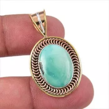 Natural Tibetan Turquoise Gemstone 925 Solid Silver Two Tone Pendant 1.50 H2A49